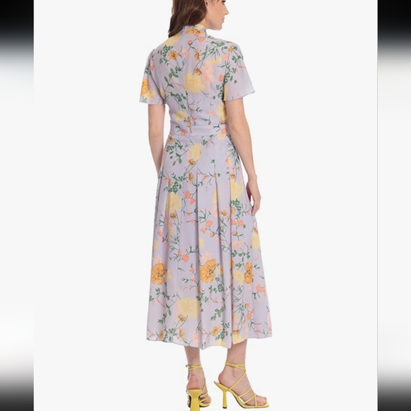 Donna Morgan Floral Printed Short Flutter Sleeve Pleated Skirt Midi Dre… - Picture 4 of 12